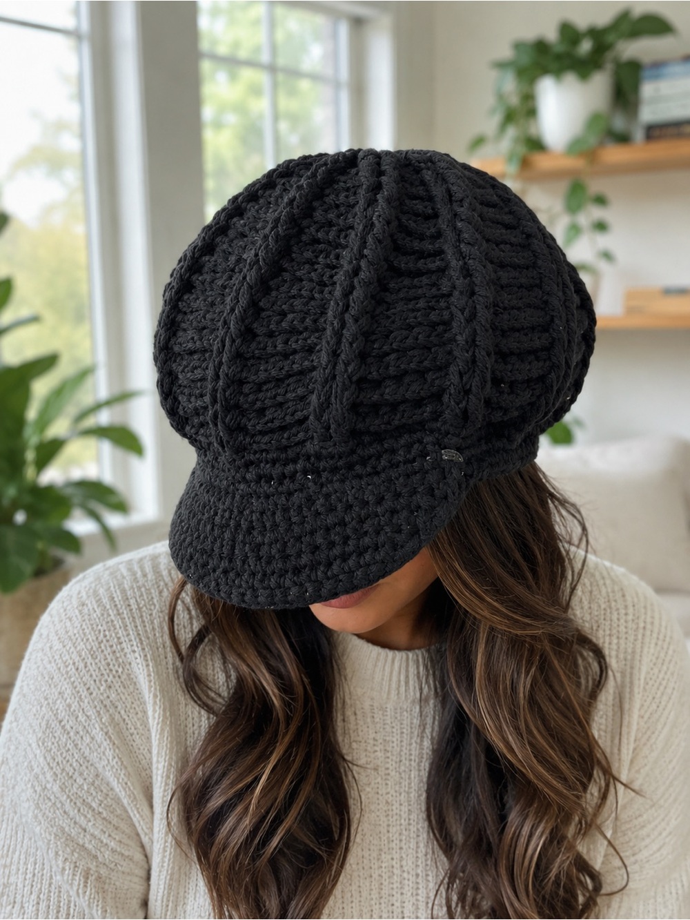 Black Knit Cotton Baker Boy Newsboy Cap Hat
